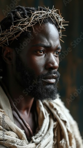 a black afro american man as jesus wearing a crown of thorns - closeup portrait photo