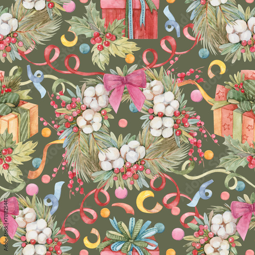 Wallpaper Mural New Year Christmas seamless pattern with Christmas wreath, confetti, gifts, mistletoe drawn in watercolor on a green background. Festive print for wrapping paper, textiles, wallpaper, stationery. Torontodigital.ca