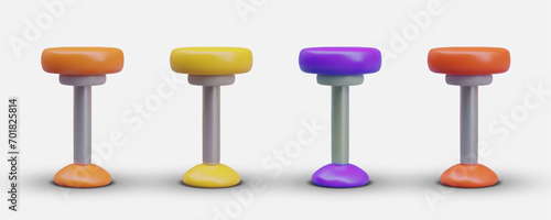 Set of bar stools of different colors. Round high stool on metal leg. Restaurant chair. Selection of options for furniture online store. Realistic textured models