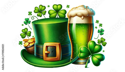 A Green Hat, Two Glasses of Beer and clovers for Saint-Patrick 