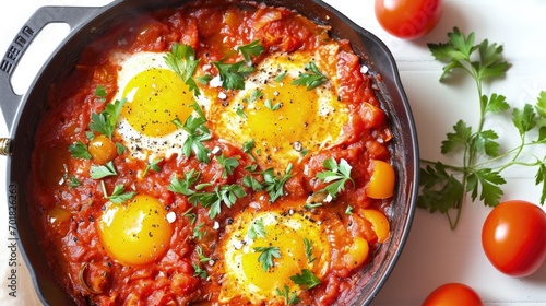A Pan Filled With Eggs and Tomatoes on Top of a Table