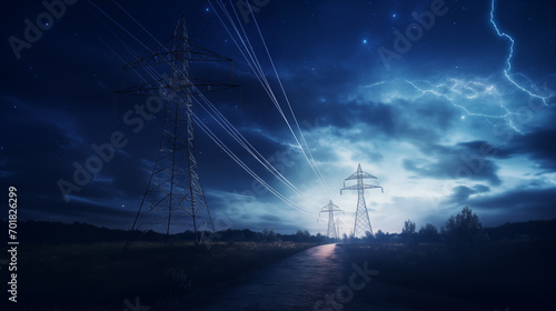High voltage transmission towers at night. High voltage energy infrastructure concept. Transmission lines.