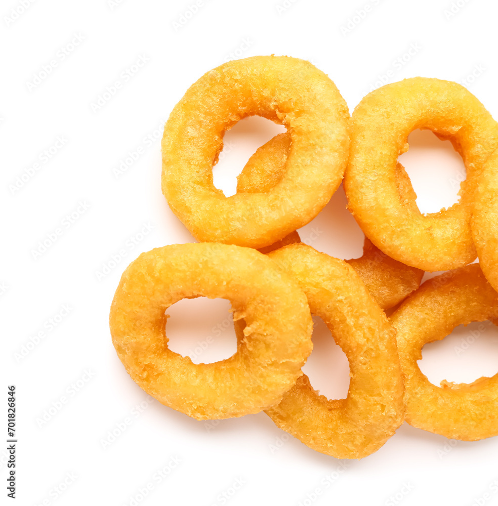 Fried breaded onion rings on white background Fried breaded onion rings on white background
