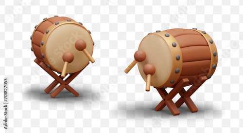 Set of special drums for mosque. Huge musical instrument on stand. Sound signal for believers. Prayer time. Islamic culture. Realistic bedug drums with sticks