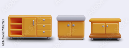 Collection with different wooden commodes in orange colors. Furniture for things storage concept. Vector illustration in 3d style with shadow and white background