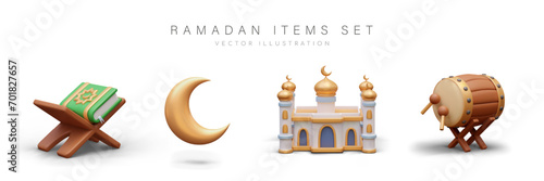 Composition with wooden stage with Quran, realistic golden moon, mosque with yellow elements and bedug drum on white background. Celebrate Ramadan set. Vector illustration in 3d style