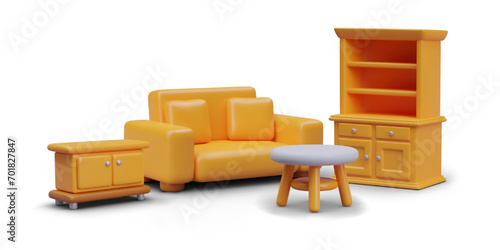 Composition with wardrobe, commode, realistic sofa, and white tea table. Furniture for modern living room in yellow colors. Vector illustration in 3d style
