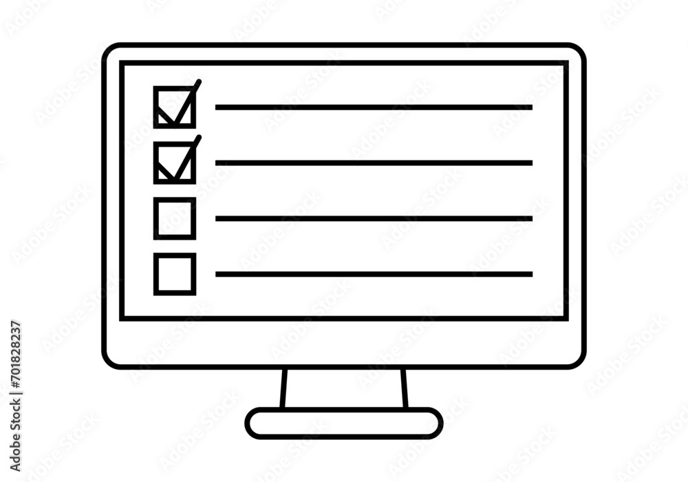Icono negro de pantalla con examen online. Icono negro de pantalla con examen online.