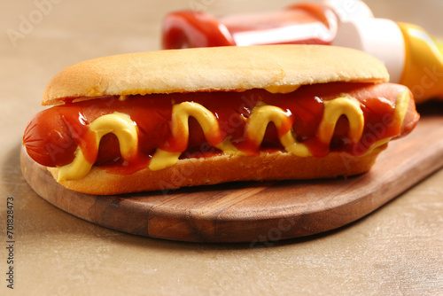 Wooden board with tasty hot...
