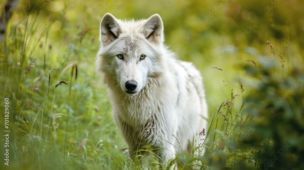 A Majestic White Wolf Roaming Through a Vibrant Meadow