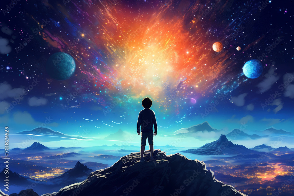  A little boy standing on top of a mountain in front of a illustration of galaxy with stars planets and space dust in the universe
