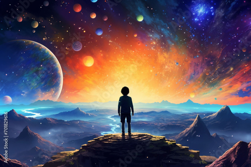 A little boy standing on top of a mountain in front of a illustration of galaxy with stars planets and space dust in the universe photo