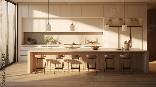 In the soft glow of dawn, a minimalist kitchen bathed in warm sunlight becomes the focal point of a home that symbolizes a new chapter in life.