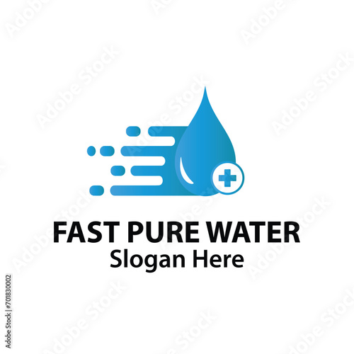 Fast Water Droplet Logo Design With Drop and Pure Plus Sign Template Illustration. Quick Approved Pure Aqua Sign Symbol Concept Vector. Fast Water Delivery Service Logo.