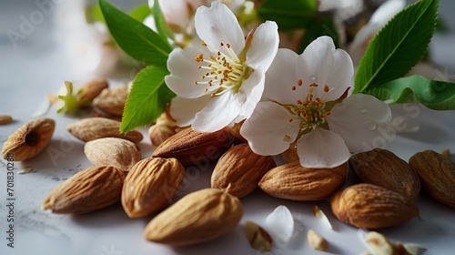 Almond nuts and flowers on a white background. Close-up.