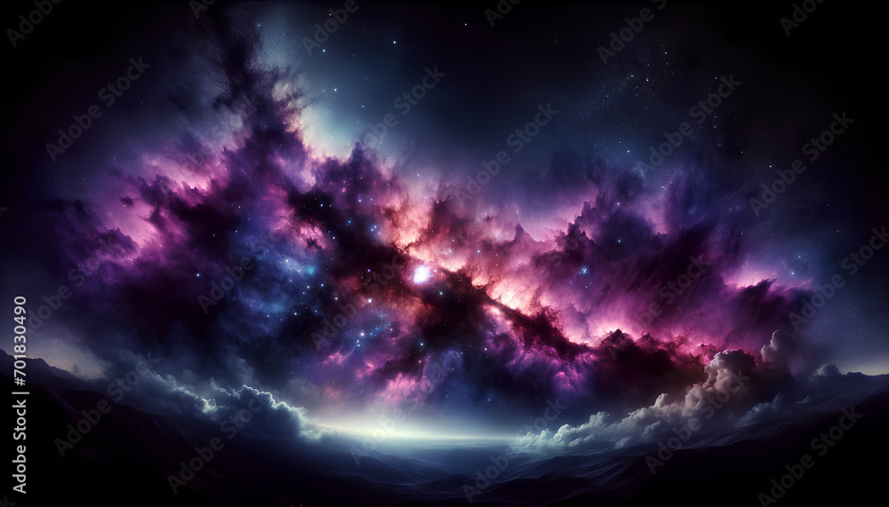 Beauty of a starry nebula in the Galactic Wilderness, illuminated by the interstellar contrast of purple and black