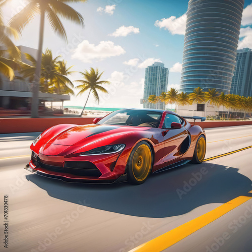 A sports car drives quickly along the ocean beach, speed, Miami, palm trees and road, © Perecciv