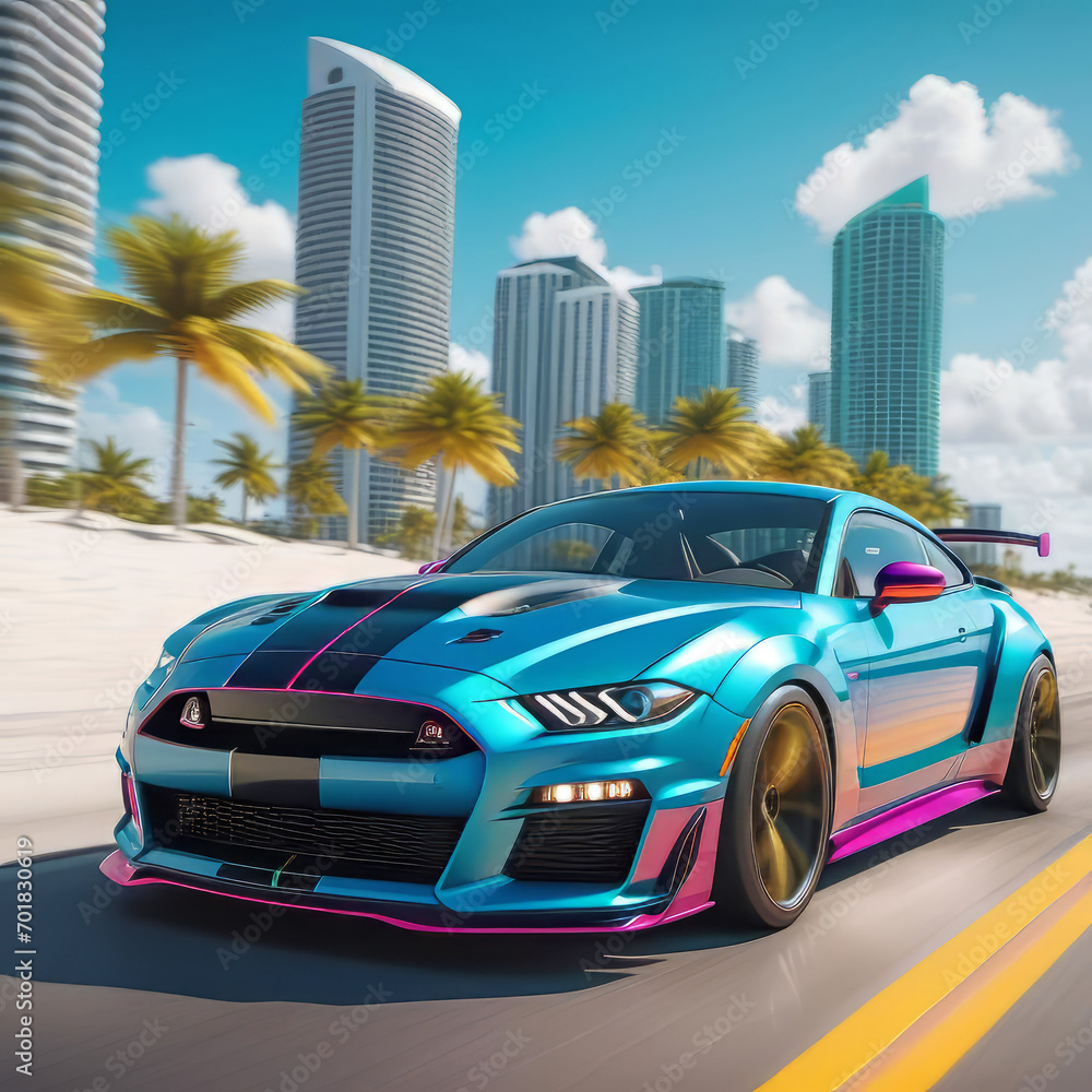 A sports car drives quickly along the ocean beach, speed, Miami, palm trees and road,