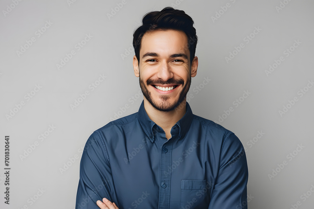Handsome smiling business man in blue shirt isolated on gray background Handsome smiling business man in blue shirt isolated on gray background