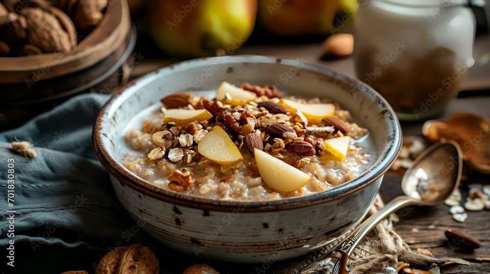 Oatmeal with apples, nuts and raisins for healthy breakfast Oatmeal with apples, nuts and raisins for healthy breakfast