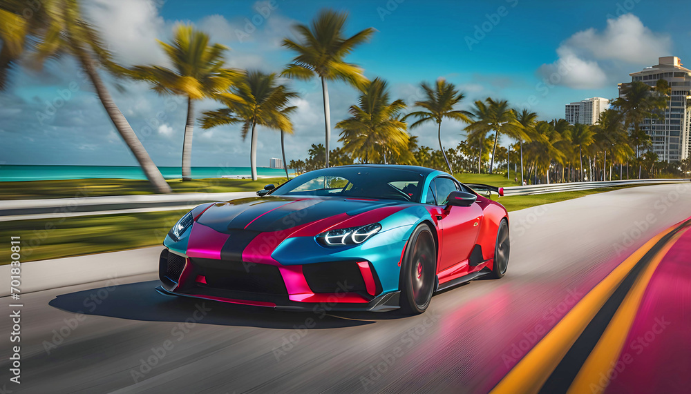 A sports car drives quickly along the ocean beach, speed, Miami, palm trees and road, - obrazy, fototapety, plakaty 