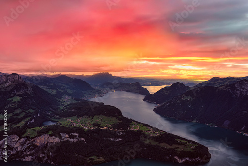 Viewpoint of Fronalpstock with sunset sky and Lake Lucernce at Schwyzer alps, Switzerland