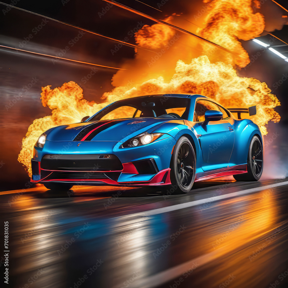 a sports car quickly drives through a tunnel through flames on a black background, speed, car traffic,