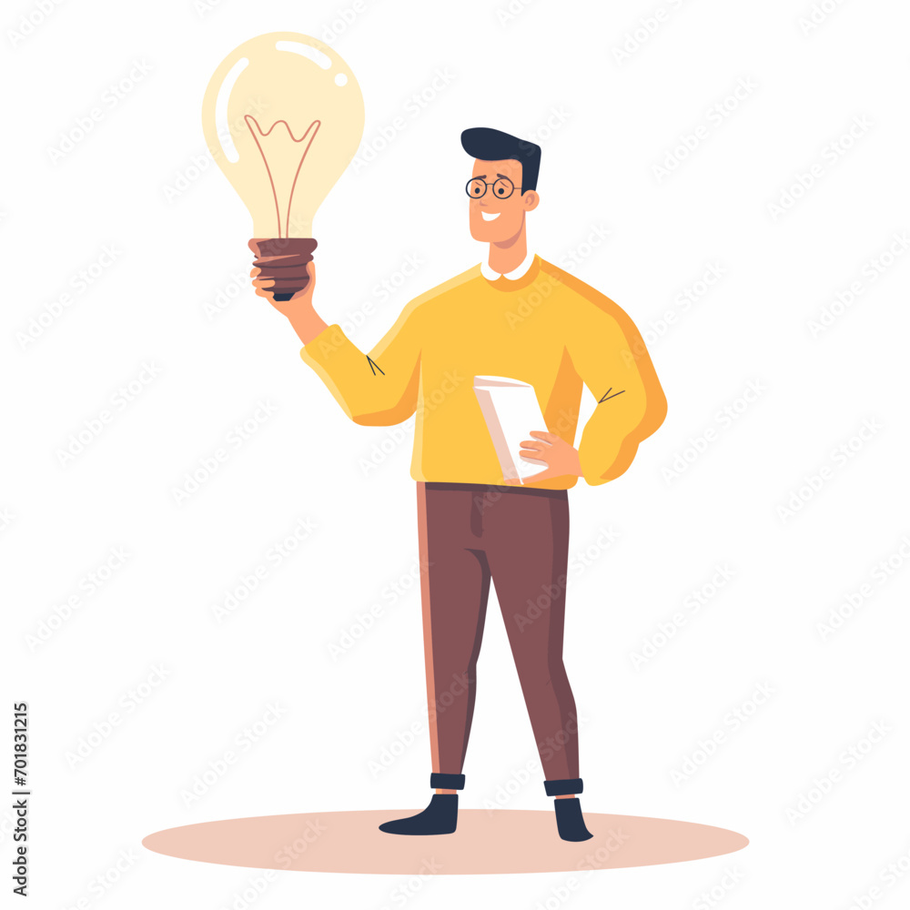 The guy who came up with the idea holds a light bulb on a white background, vector in minimalism The guy who came up with the idea holds a light bulb on a white background, vector in minimalism