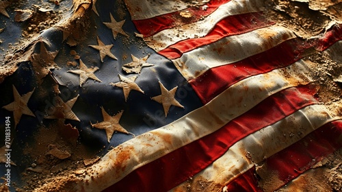 Foto Dirty flag of the United States of America, symbolic image for destroyed and bro