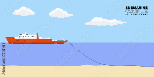 Illustration of a submarine cable, laying a cable on the surface of the seabed. photo