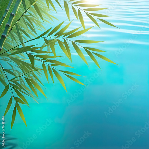 Green bamboo leaves against peaceful water surface, beautiful spa scene with Asian spirit and copy space,