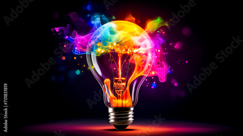 Glowing light bulb in vibrant hues on dark background. Originality, creativity and brainstorming. New ideas and solutions that stand out and inspire.
