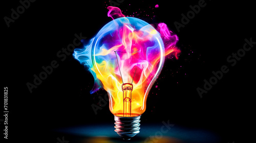 Glowing light bulb in vibrant hues on dark background. Originality, creativity and brainstorming. New ideas and solutions that stand out and inspire.