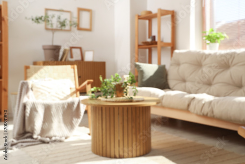 Blurred view of living room with sofa, table and armchair