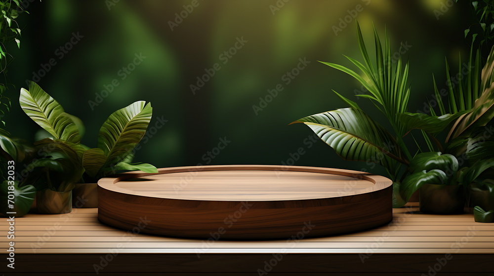 Wooden podium for product display and presentation. Natural green forest blurry background of tropical plants and leaves Wooden podium for product display and presentation. Natural green forest blurry background of tropical plants and leaves