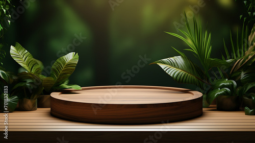 Wooden podium for product display and presentation. Natural green forest blurry background of tropical plants and leaves
