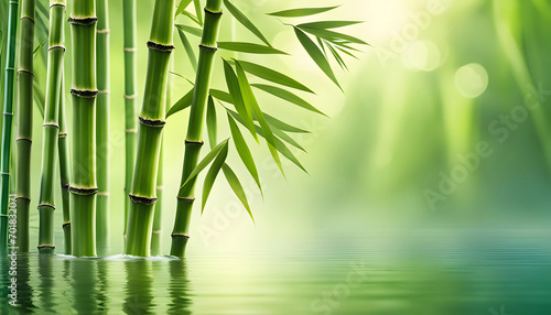 Green bamboo leaves against peaceful water surface  beautiful spa scene with Asian spirit and copy space 