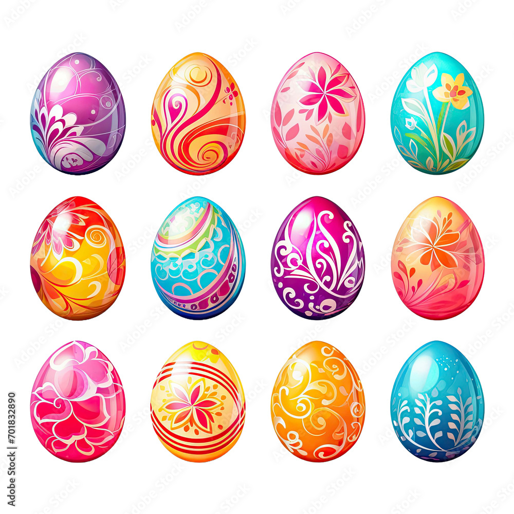 Cute colored easter eggs isolated on transparent background