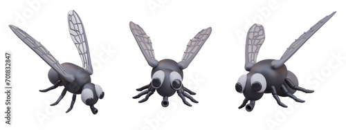 3D black fly, view from different sides. Set of vector houseflies with proboscis. Insect, carrier of infection. Template for web design. Illustrations in cartoon style