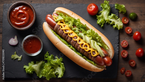 grilled beef hot dog, ketchup snack with lettuce top view