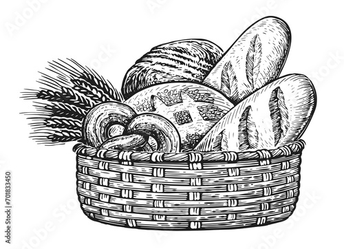 Fresh baked goods in basket. Breads and ears of wheat, sketch vintage illustration