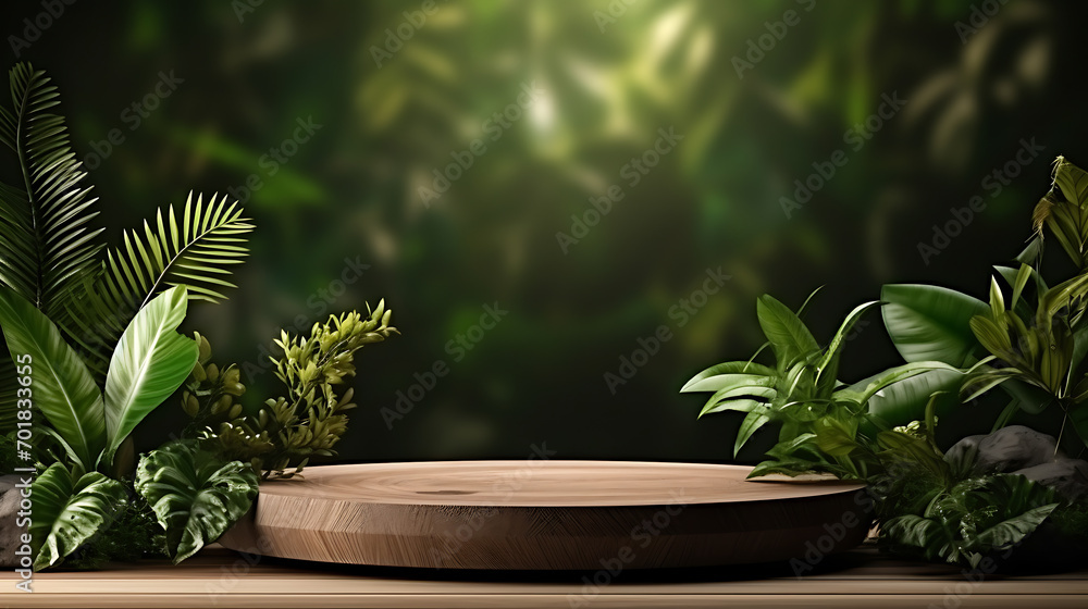 A wooden podium for displaying and presenting products, featuring a natural green forest background complete with tropical trees and leaves A wooden podium for displaying and presenting products, featuring a natural green forest background complete with tropical trees and leaves