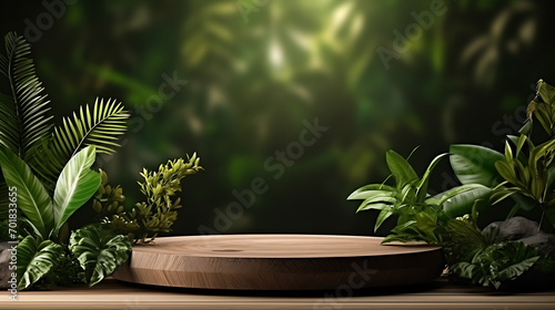 A wooden podium for displaying and presenting products  featuring a natural green forest background complete with tropical trees and leaves