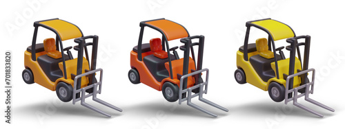 Set of realistic forklifts of different colors. Lift track is in inclined position. Overloaded forklift, template for supplementing with large load. Warehouse sale mockup. Detailed image