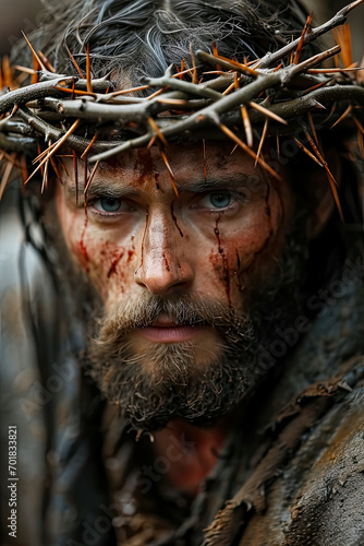 Jesus' countenance is solemn, his crown filled with sharp thorns, emphasizing the image of his suffering for the sins of humanity.