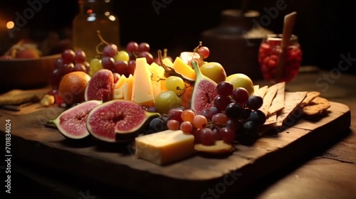 Seasonal Fruit Cut Up And Arranged On A Wooden Board.Generative AI