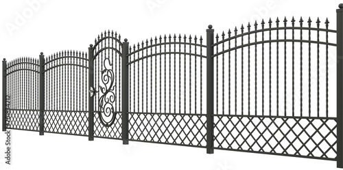 Decorative forded fence with poles and a gate. Wrought iron fence. 3D render  PNG.