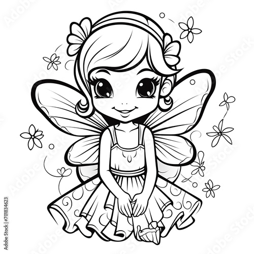 Coloring page with cute garden fairy. Outline illustration. Black and white illustration for a coloring book.