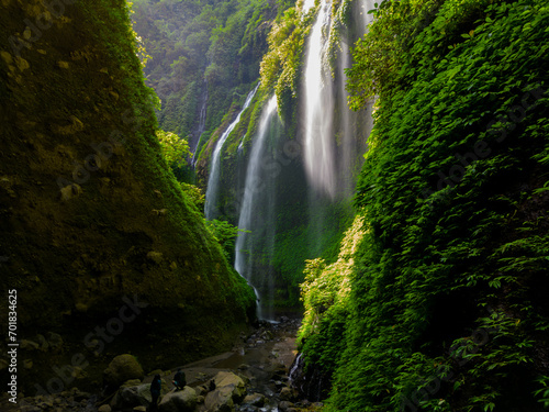 Canvas Print Aerial view of Madakaripura Waterfall in a green canyon located in East Java, In