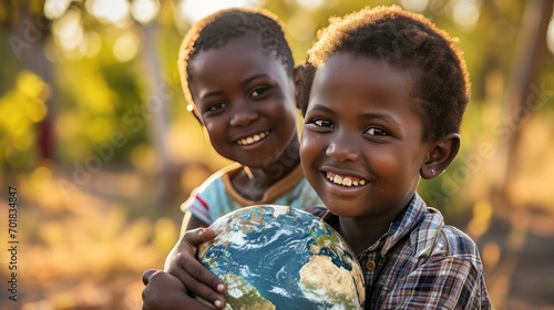 International day of peace concept. African Children holding earth globe. Group of African children holding planet earth planet earth over defocused nature background with copy space. photo
